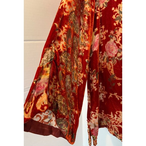 JOHNNY WAS Burnout Velvet SILK BLEND  Floral Boho Tunic Top Red Pink Roses L Lon - Picture 10 of 14